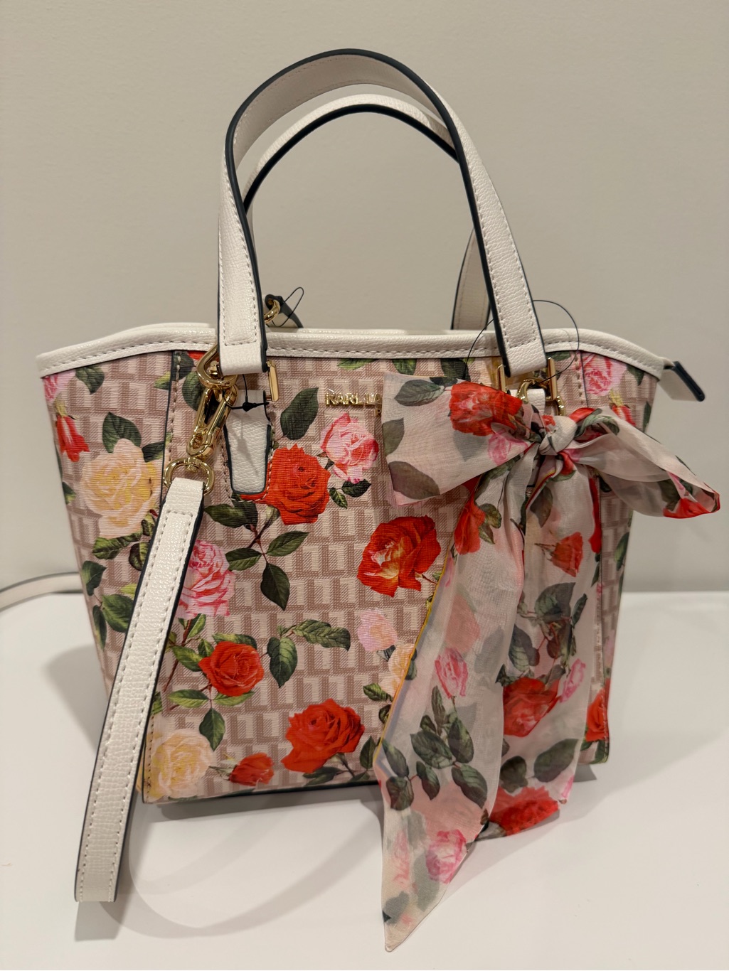 Floral Print Tote Bag With Scarf Accent - White